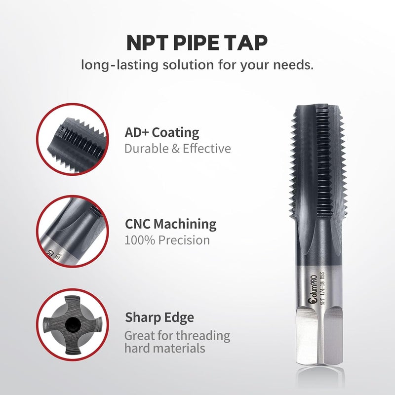 ColumPRO 1/4”-18 NPT Pipe Tap, High-Speed Steel Thread Tap with AD+ Coating, Heavy-Duty Threading Tool for Stainless Steel, Brass, PVC, Metal - Image 4